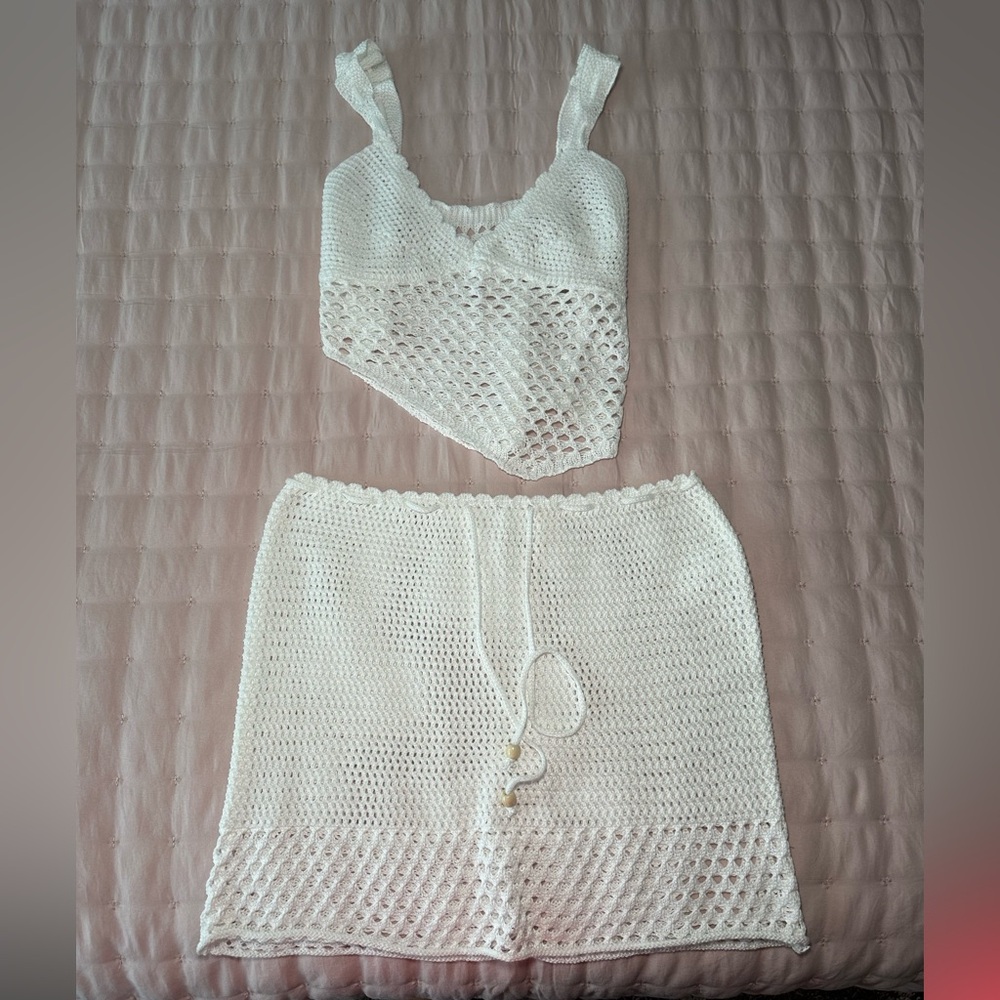 White Crochet Top and Skirt Set